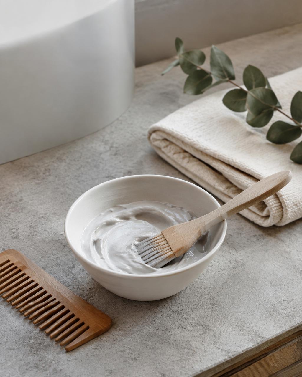Treatment bowl, wooden comb and eucalyptus on a stone counter